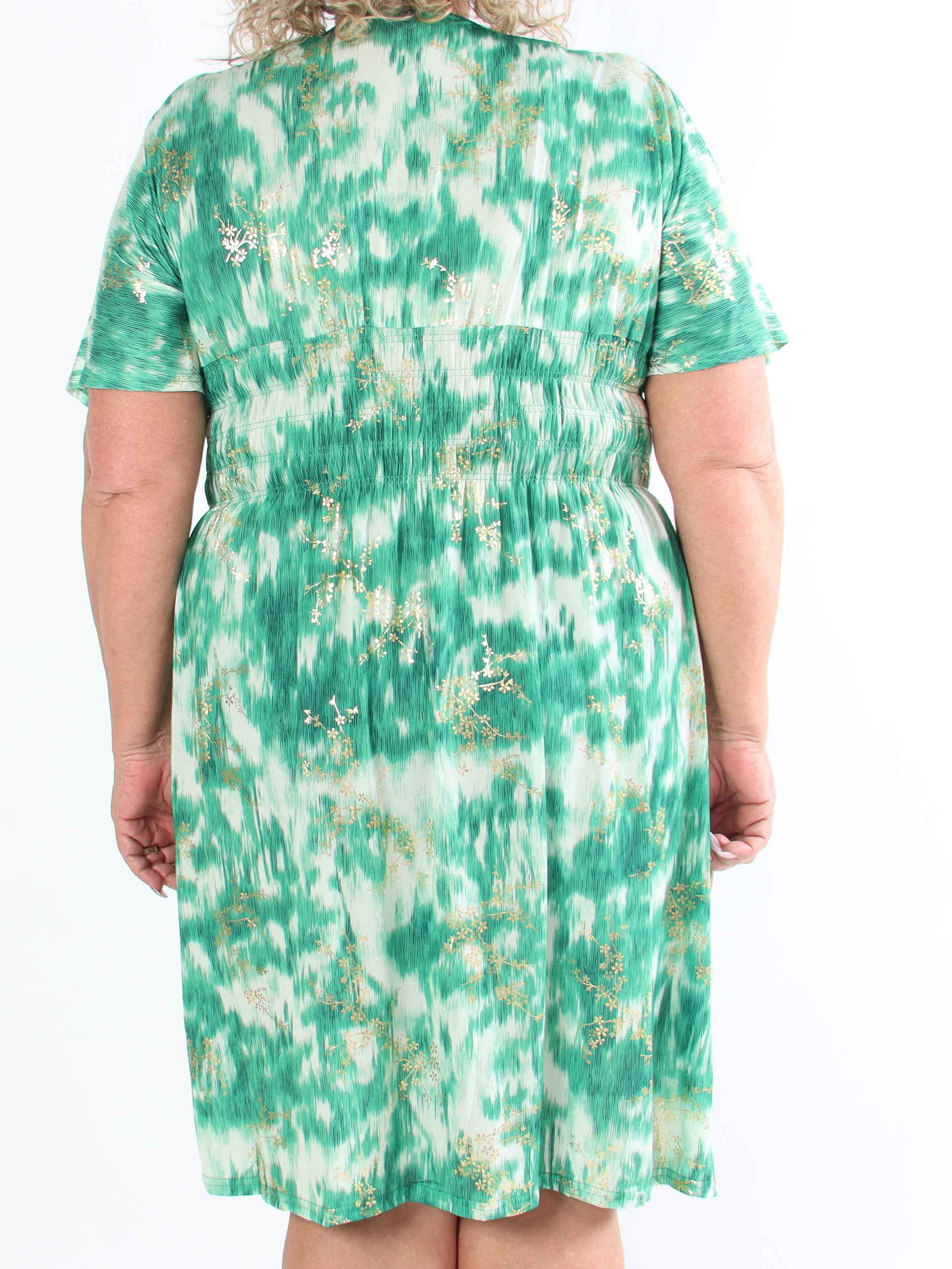 Pams Art Short - Plus size elastisk kjole med guld blomster